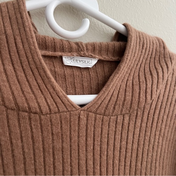 Lilysilk Ribbed Pure Cashmere Hoodie Sweater Brown Women’s Size L - Picture 4 of 6